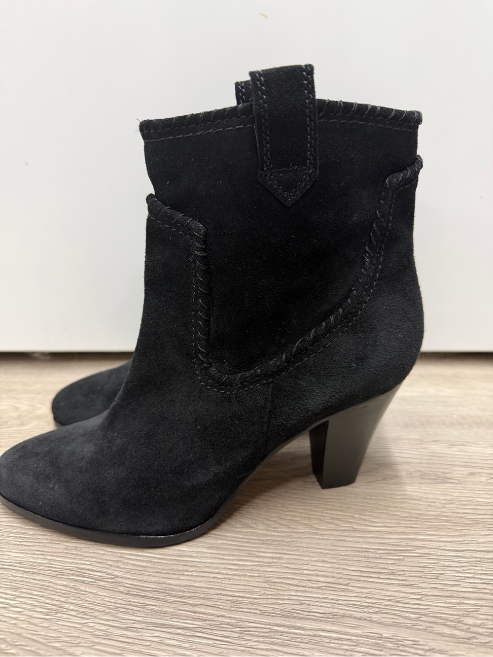 Karl Lagerfeld Western Stitched Black Suede Ankle Booties with Block Heel